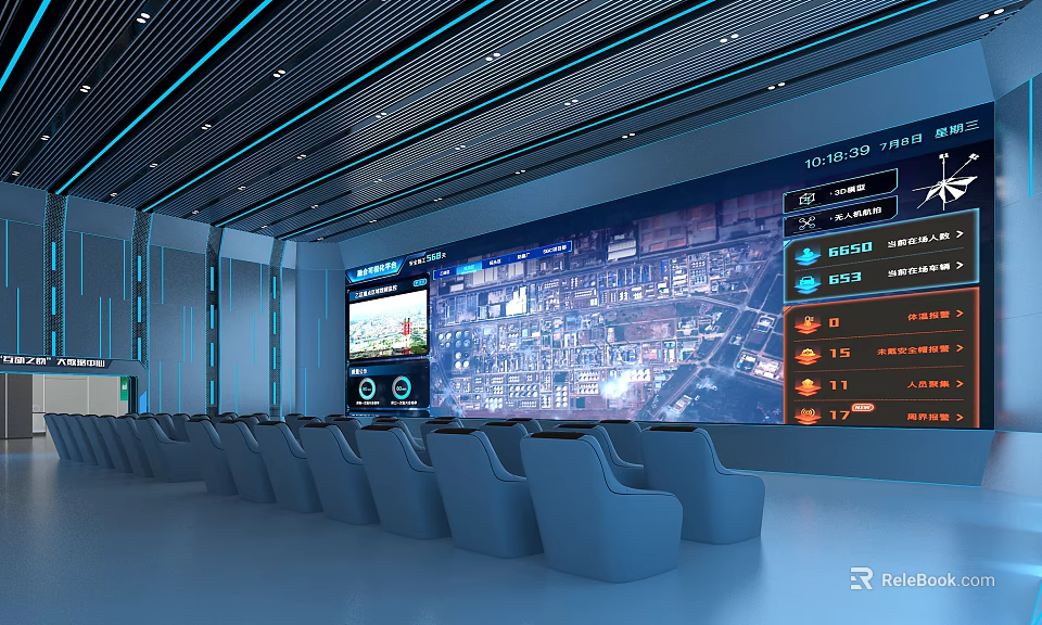 Modern Control Room With Multiple Screens Showing City Map Data Blue Chairs And Ceiling Lights 3d model 