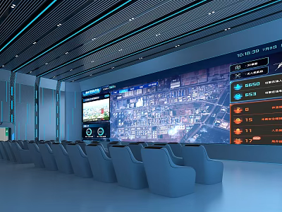 Modern Control Room With Multiple Screens Showing City Map Data Blue Chairs And Ceiling Lights 3d model
