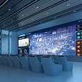 Modern Control Room With Multiple Screens Showing City Map Data Blue Chairs And Ceiling Lights
