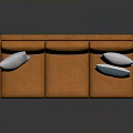 Modern Orange Sofa With White And Blue Cushions And Wooden Legs