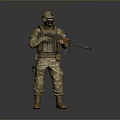 Military Soldier in Camouflage Uniform with Helmet Goggles and Rifle Standing on Gray Background