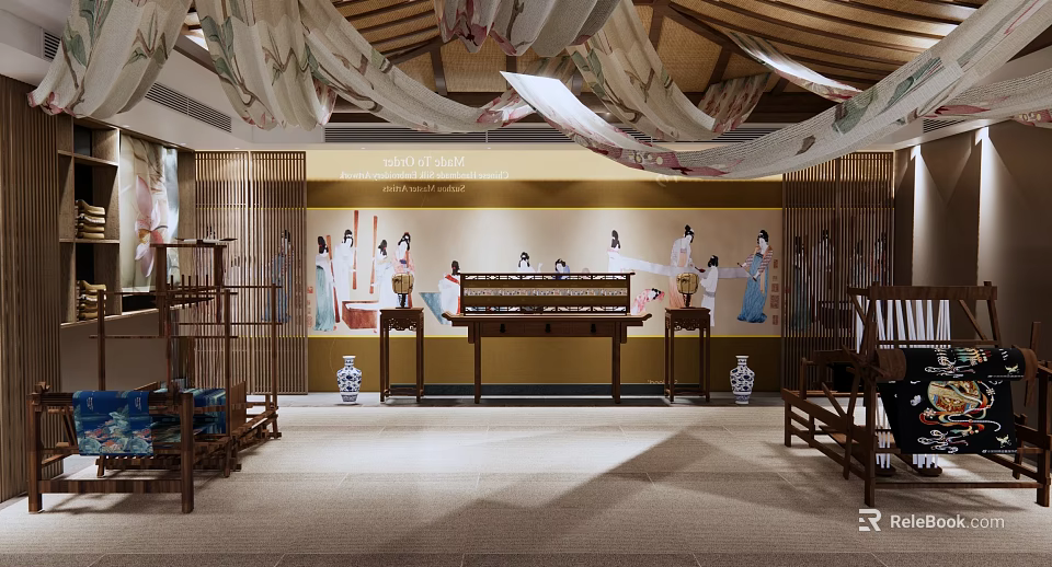 Traditional Cultural Center Interior With Maidens Painting Guqin And Wooden Furniture Vases 3d model 