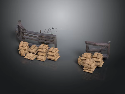 3D Rendered Scene With Two Wooden Shelves And Stacked Sandbags Arrangement 3d model