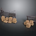 3D Rendered Scene With Two Wooden Shelves And Stacked Sandbags Arrangement