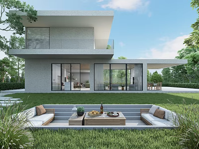 Modern Detached Villa With Large Glass Windows Outdoor Seating Area And Lush Greenery 3d model