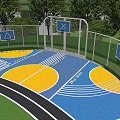 Outdoor Basketball Court With Blue Yellow Surface Track Trees Fence And Signs