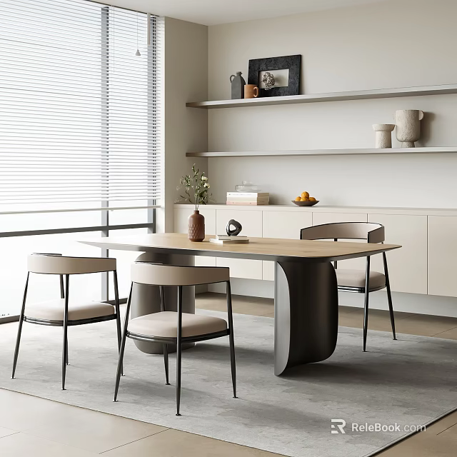 Modern Dining Table Set with Chairs Minimalist Design Shelf Decorations and Window Blinds 3d model 