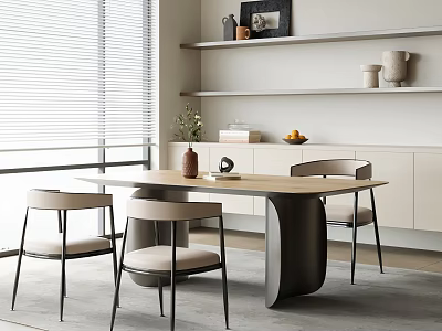 Modern Dining Table Set with Chairs Minimalist Design Shelf Decorations and Window Blinds 3d model