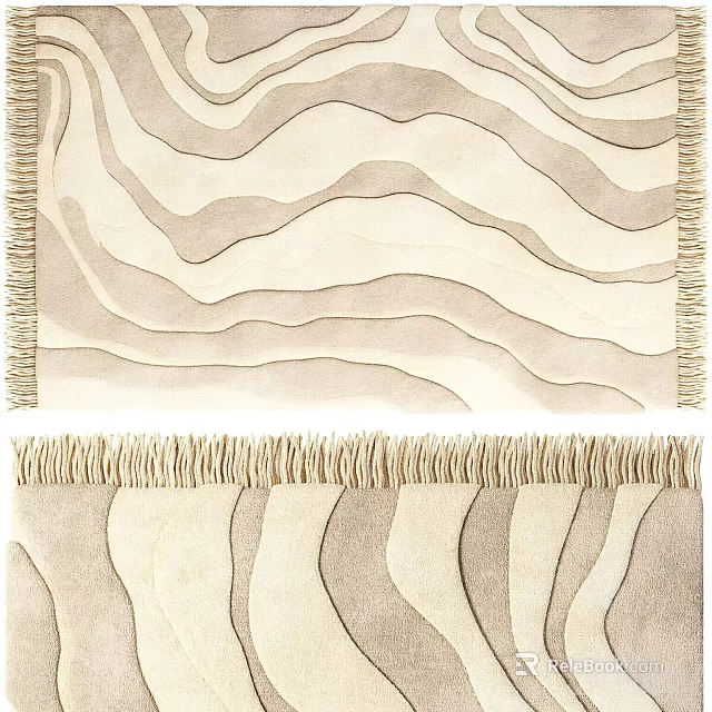 Square Rug With Wavy Pattern And Fringe Trim In Neutral Tones 3d model 