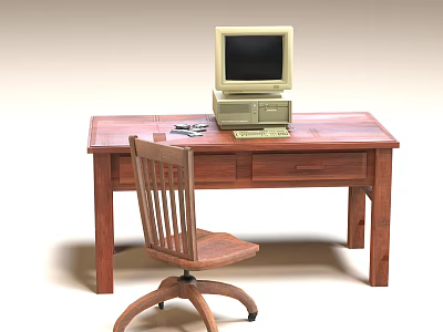 Wooden Desk And Chair Set With Vintage Computer And Stationery For Home Office 3d model