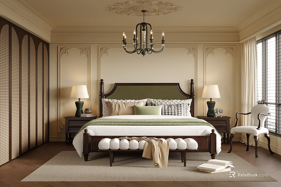 Classic Bedroom Interior With Green Upholstered Headboard Wooden Bed Nightstands Table Lamps Paneled Walls And Chandelier 3d model 