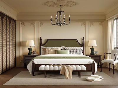 Classic Bedroom Interior With Green Upholstered Headboard Wooden Bed Nightstands Table Lamps Paneled Walls And Chandelier 3d model