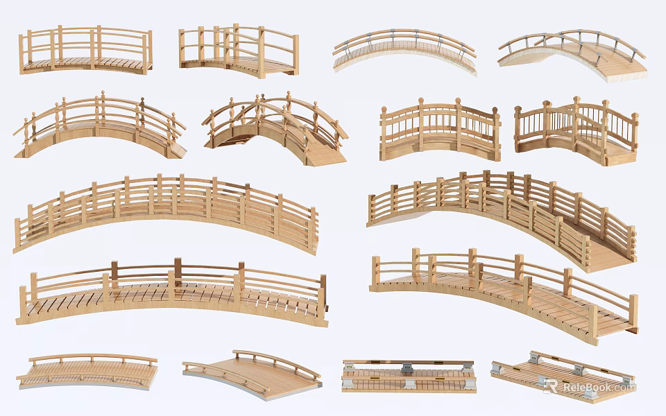 Wooden Landscape Bridges with Various Arched Shapes and Intricate Railing Designs 3d model 