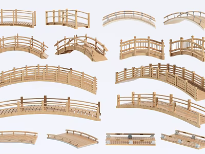 Wooden Landscape Bridges with Various Arched Shapes and Intricate Railing Designs 3d model