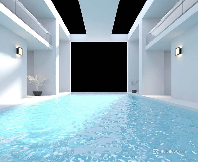 Indoor Kids Play Area With Spacious Blue Flooring White Walls Balconies Wall Lamps And Plants 3d model 