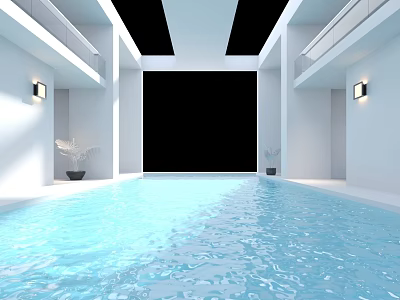 Indoor Kids Play Area With Spacious Blue Flooring White Walls Balconies Wall Lamps And Plants 3d model