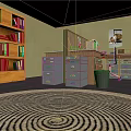 Orange Wooden Bookshelf With Red Green Books In Office With Desk Filing Cabinets And Rug