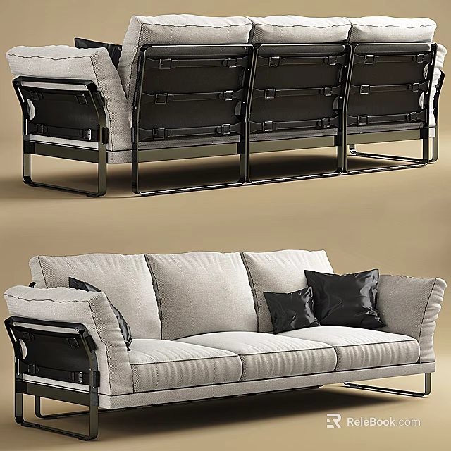 Modern Three Seater Sofa With Light Gray Upholstery Black Pillows And Metal Frame 3d model 