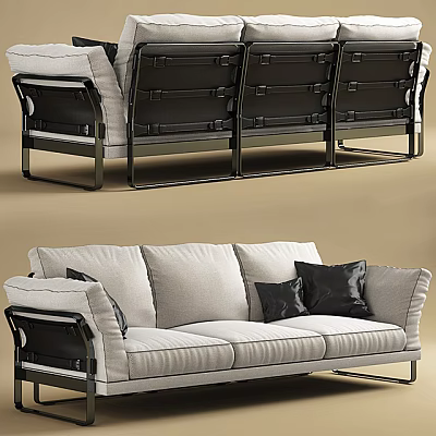 Modern Three Seater Sofa With Light Gray Upholstery Black Pillows And Metal Frame 3d model