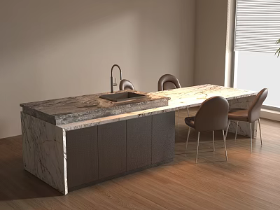 Modern Dining Table With Marble Countertop And Brown Chairs In Wooden Floor Dining Area 3d model