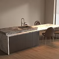 Modern Dining Table With Marble Countertop And Brown Chairs In Wooden Floor Dining Area
