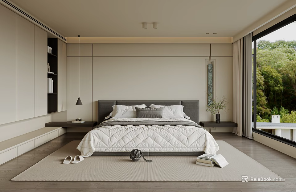 Modern Bedroom Interior With Gray Headboard Large Bed White Quilt Floor-to-ceiling Window And Green Plants 3d model 