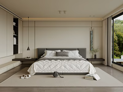 Modern Bedroom Interior With Gray Headboard Large Bed White Quilt Floor-to-ceiling Window And Green Plants 3d model