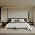 Modern Bedroom Interior With Gray Headboard Large Bed White Quilt Floor-to-ceiling Window And Green Plants