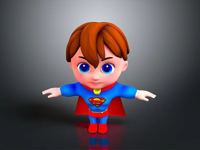 3D Model Boy Wearing Superman Costume Blue Outfit Red Cape Yellow Emblem Arms Outstretched 3d model