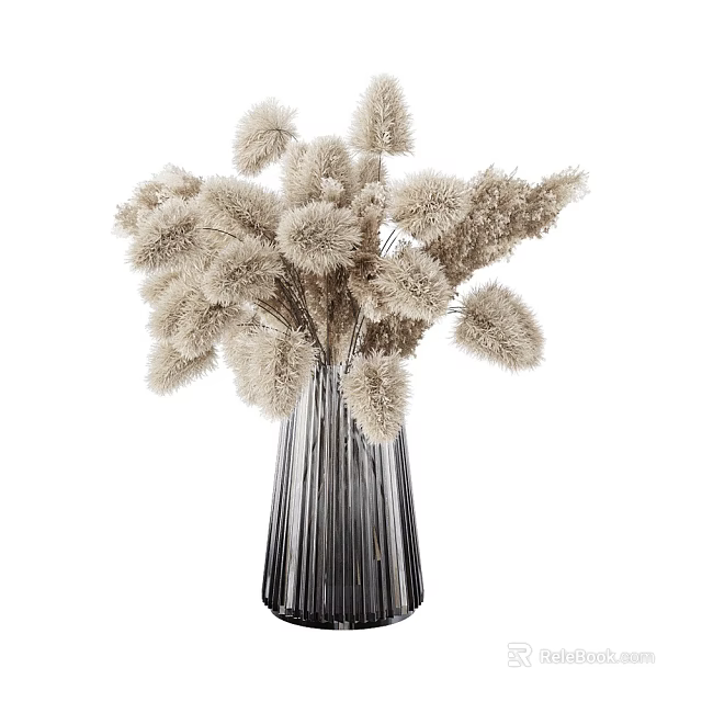 Stylish Silver Striped Vase With Beige Dried Flowers For Home Decor 3d model 