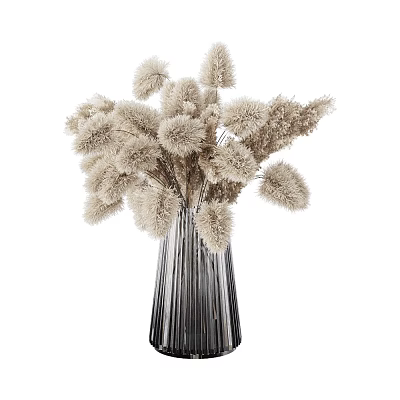 Stylish Silver Striped Vase With Beige Dried Flowers For Home Decor 3d model
