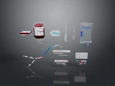Essential Medical Supplies Display With Blood Bag Syringe IV Bag And Medical Components 3d model