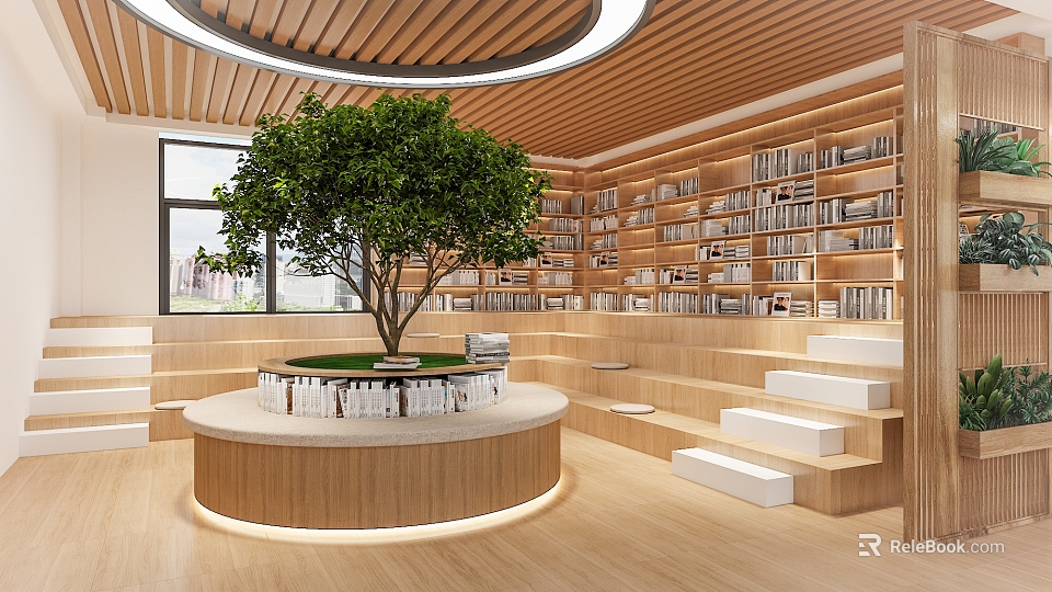 Artistic Library Interior Design With Wooden Shelves And Green Tree 3d model 