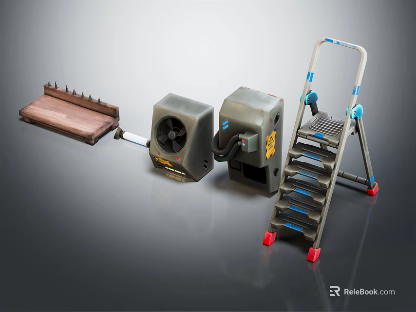 Workshop Tools Collection Featuring Foldable Ladder Electric Fan And Wooden Tool Tray 3d model 
