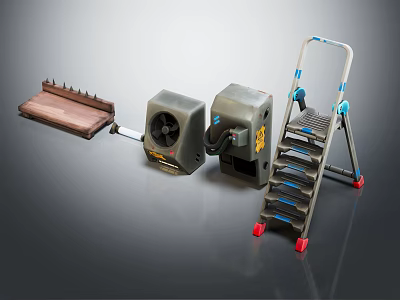 Workshop Tools Collection Featuring Foldable Ladder Electric Fan And Wooden Tool Tray 3d model