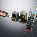 Workshop Tools Collection Featuring Foldable Ladder Electric Fan And Wooden Tool Tray