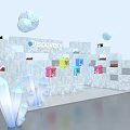 Ice Sculpture Style Display Shelves for Discovery Exhibition with Colorful Product Boxes and Transparent Spheres
