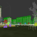 Modern Residential Buildings with Green Lawn Trees and Sculptures Under Blue Sky