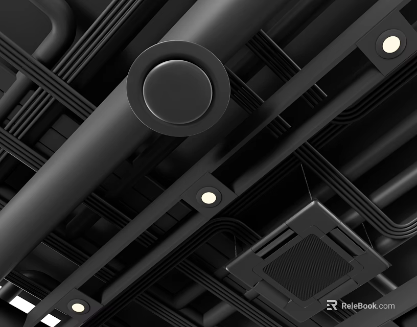 Modern Ceiling Design with Black Pipes and Multiple Lighting Fixtures 3d model