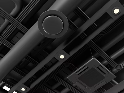 Modern Ceiling Design with Black Pipes and Multiple Lighting Fixtures 3d model