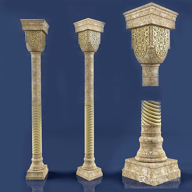 Ornate Stone Columns with Carved Capitals Spiral Bodies and Decorative Bases 3d model 