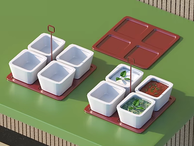 Fresh Food Ingredients In White Containers On Red Trays With Green Tabletop 3d model