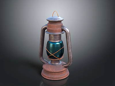 Vintage Kerosene Lamp with Metal Frame Wooden Base and Blue Glass Shade 3d model