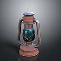 Vintage Kerosene Lamp with Metal Frame Wooden Base and Blue Glass Shade