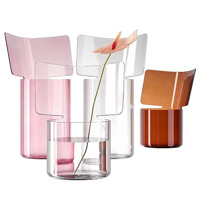 Modern Glass Vases in Pink Transparent Brown Colors with Fresh Flower Stem in Water 3d model