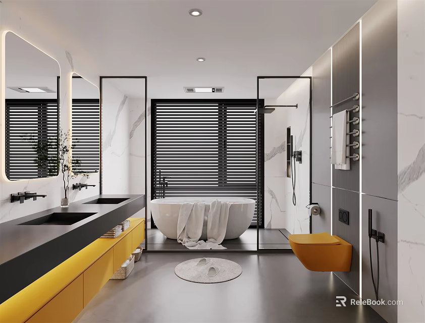 Modern Bathroom Interior Design With Yellow Cabinets Double Sinks White Bathtub And Marble Walls 3d model 