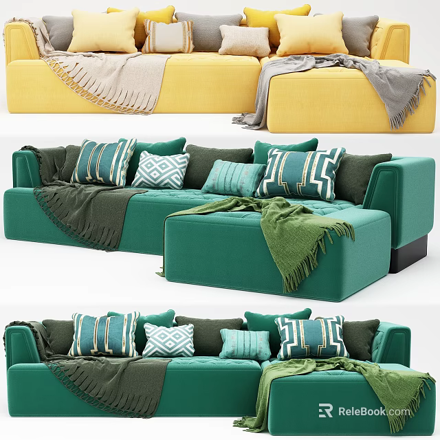 Green And Yellow Sectional Sofa With Patterned Pillows And Soft Blankets 3d model