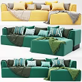 Green And Yellow Sectional Sofa With Patterned Pillows And Soft Blankets 3d model
