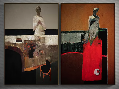 Modern Figurative Paintings With Neutral Tones And Red Accents For Interior Wall Art 3d model