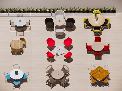 Various Colored And Styled Dining Chair Table Sets On Light Colored Floor With Green Plants 3d model